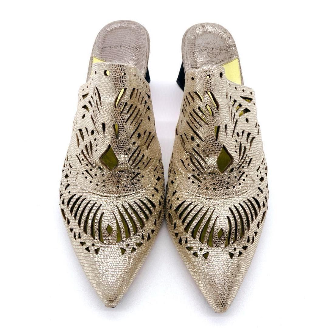 レア✨️MANA　やぎ革　ミュール　サンダル　ゴールド　チャンキーヒール　40