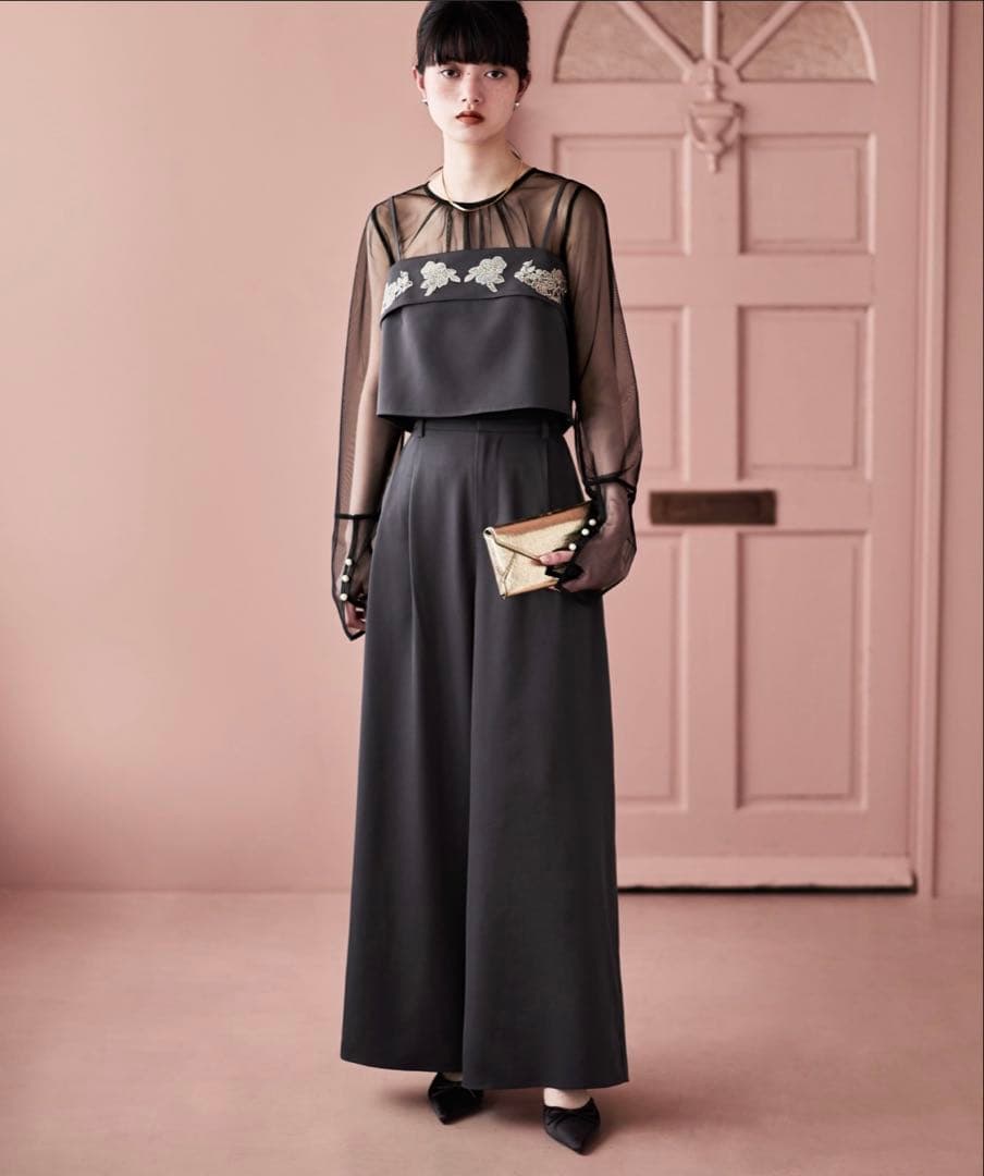 etoll. 3piece刺繍リボンビスチェ＆タックワイドパンツセットアップ