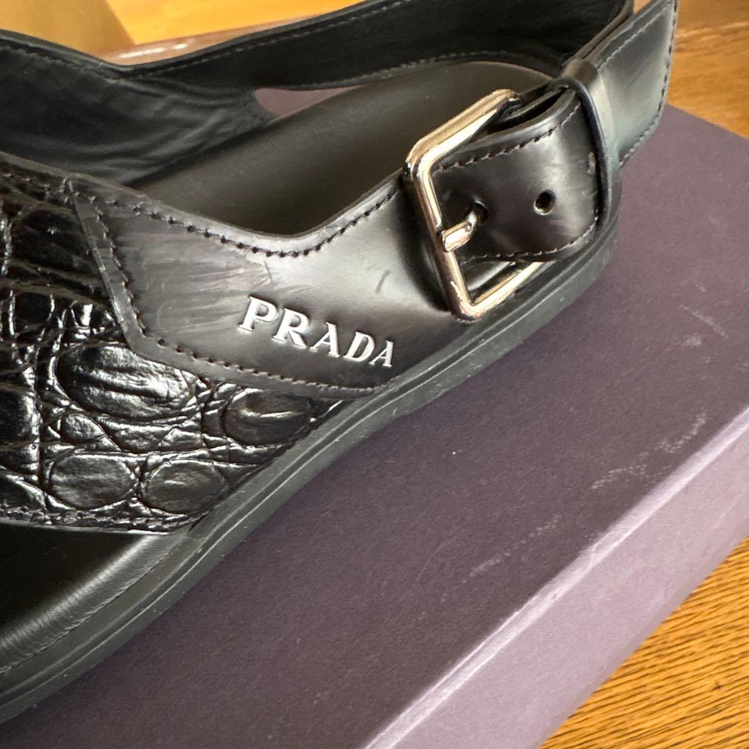 プラダ　サイズ:6 レザー クロスストラップ サンダル 黒　 2X3033