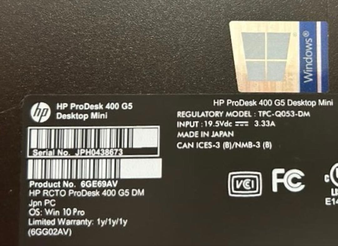 HP ProDesk400G5Mini i5-9500T メモリー8 M.2