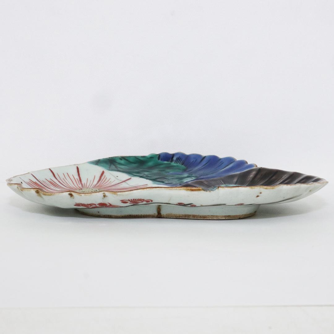 古九谷 変形皿 花 直し有り　箱付き