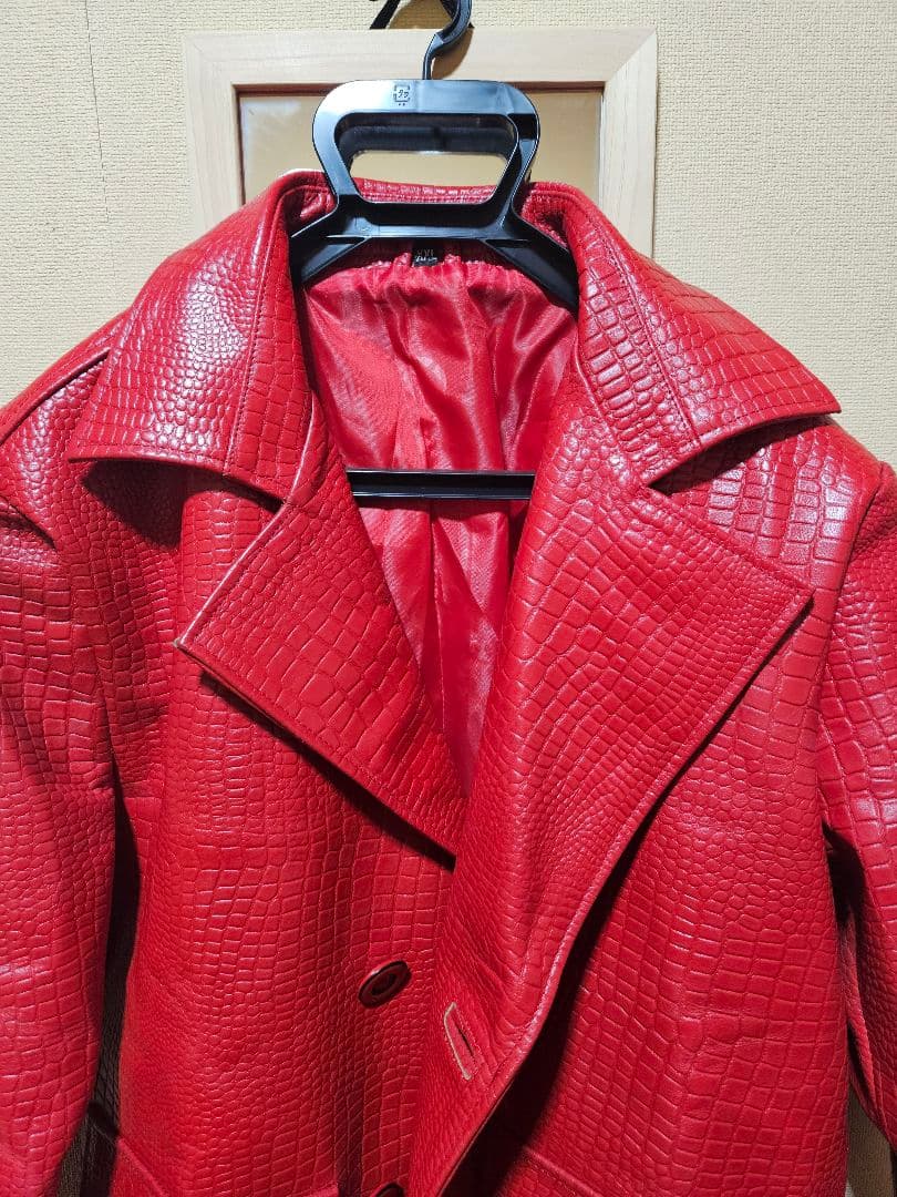 メンズ赤レザークロコダイル型押しロングチェスターコートXXL