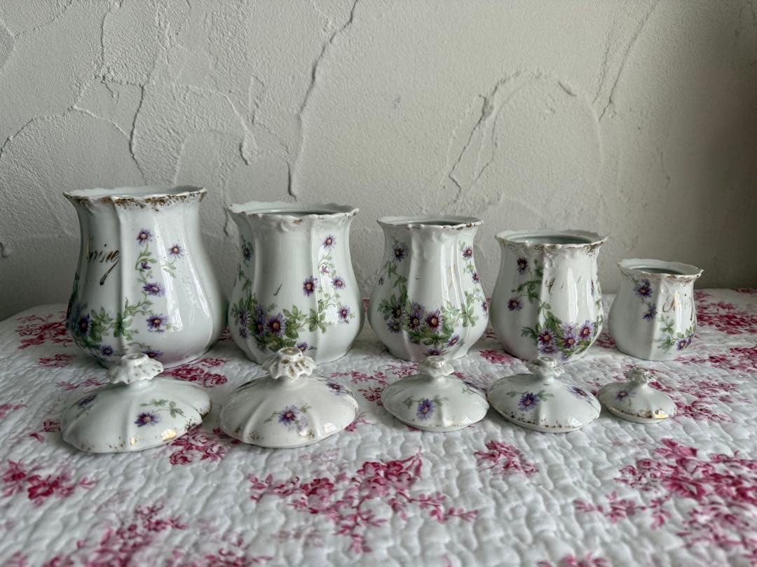 フランスアンティーク　陶器のキャニスター5個セット