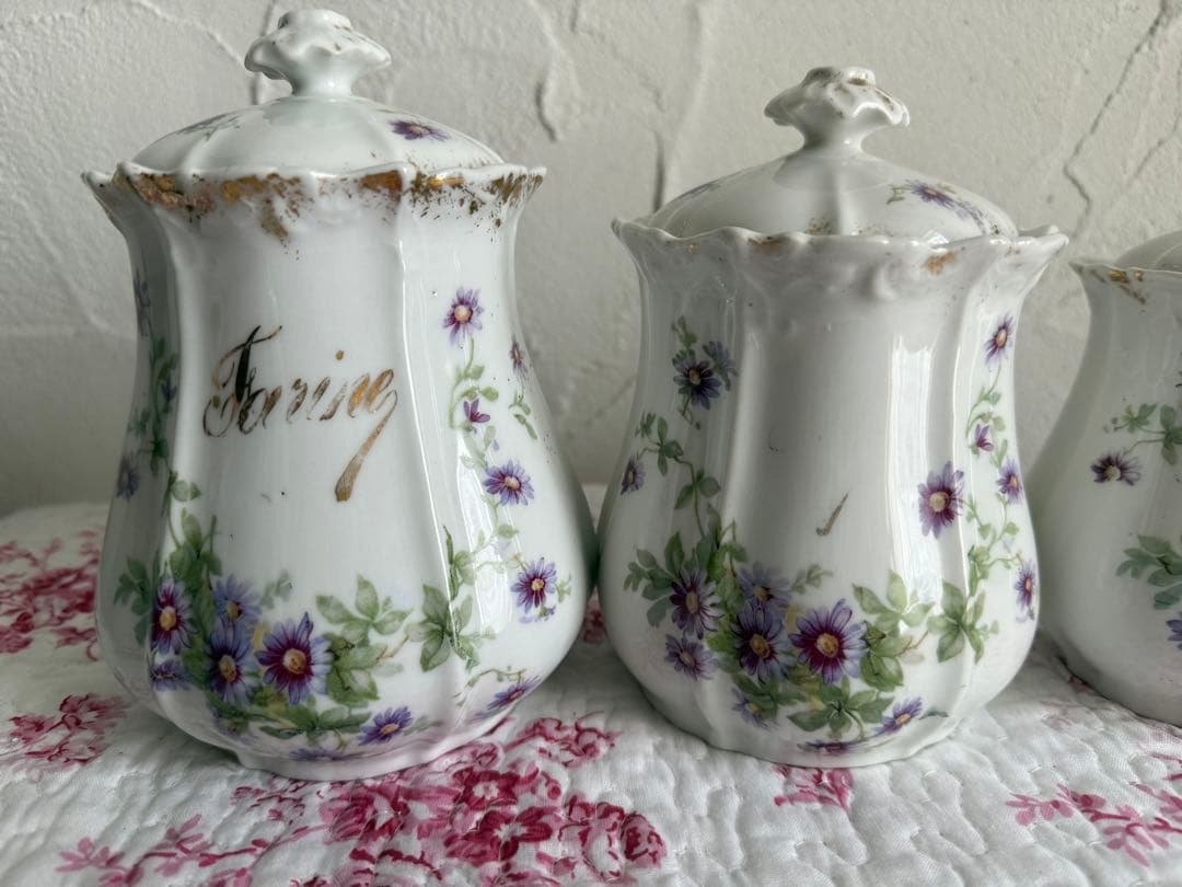 フランスアンティーク　陶器のキャニスター5個セット