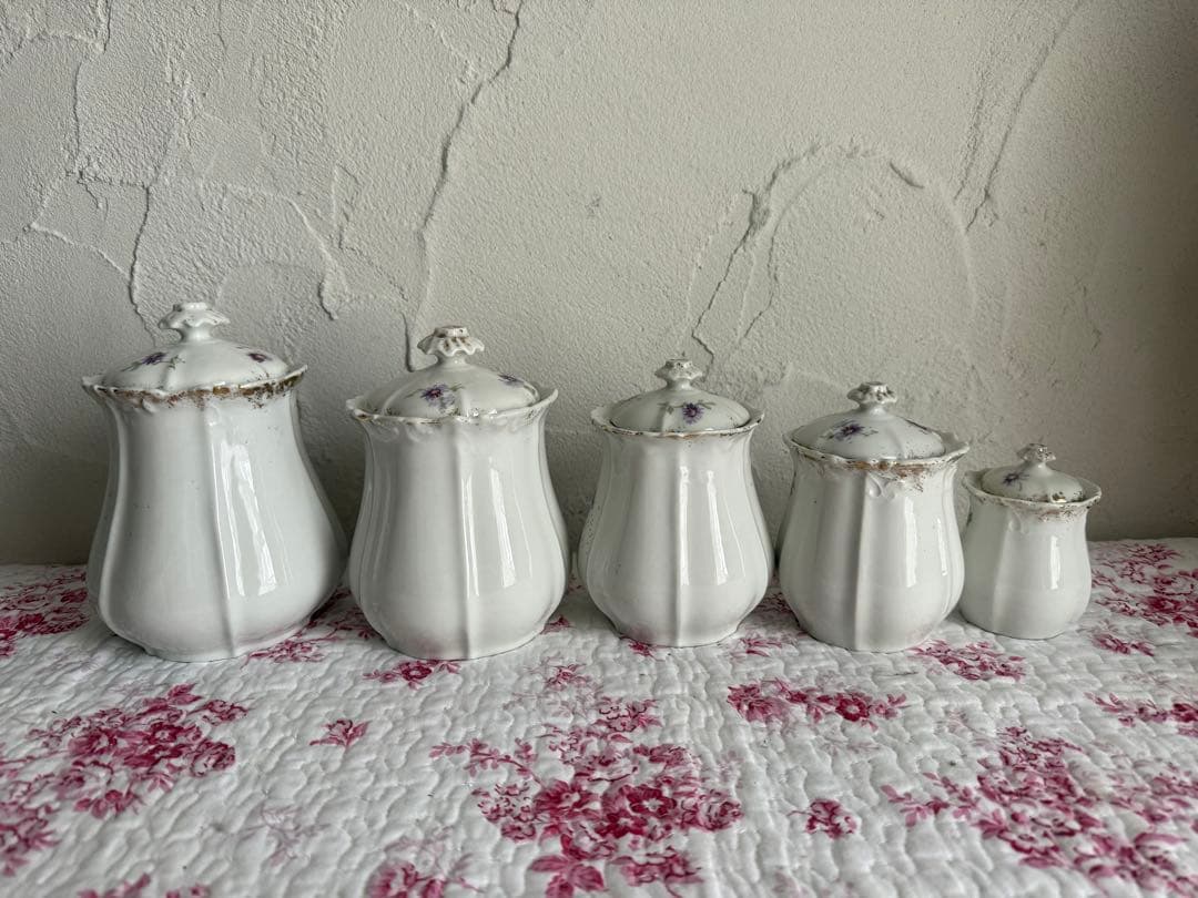フランスアンティーク　陶器のキャニスター5個セット