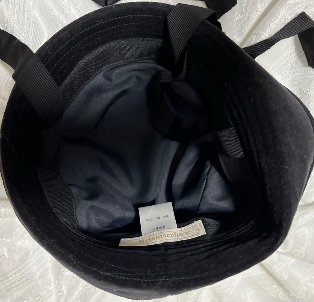メタモルフォーゼ　別珍薔薇コサージュ付き帽子　ブラック