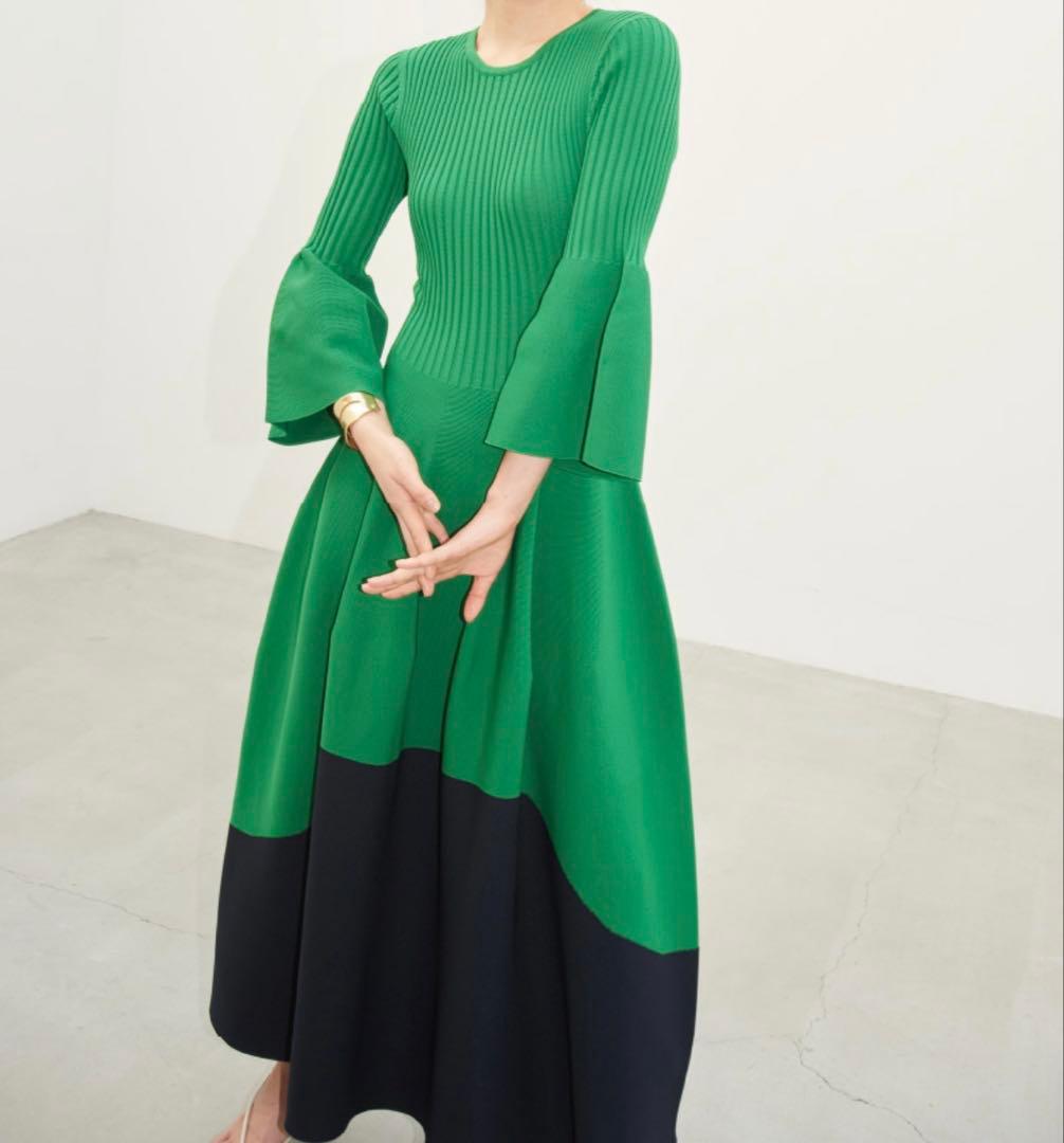 極美品フレイアイディFRAY.I.Dホールロングワンピースニットグリーンネイビー