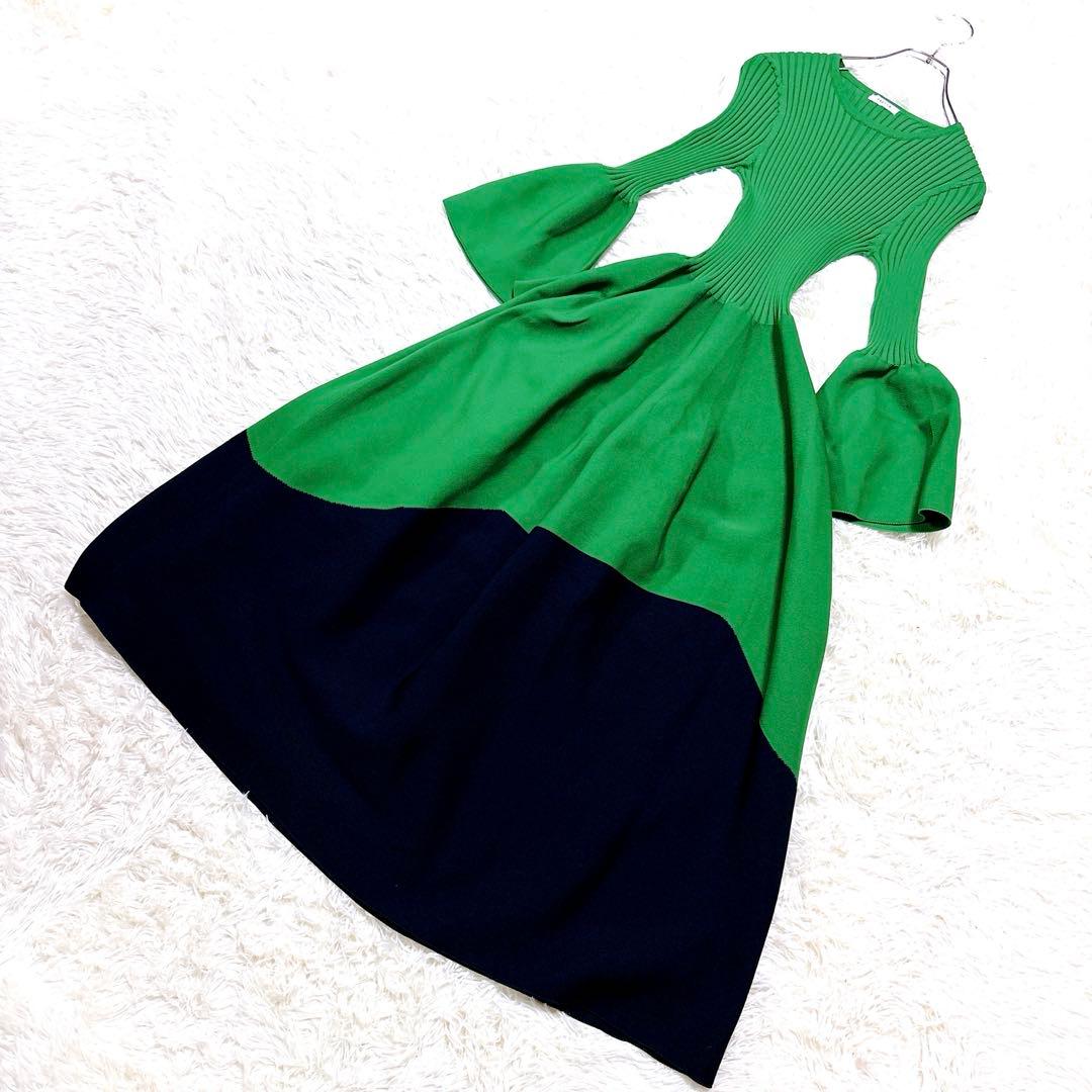 極美品フレイアイディFRAY.I.Dホールロングワンピースニットグリーンネイビー