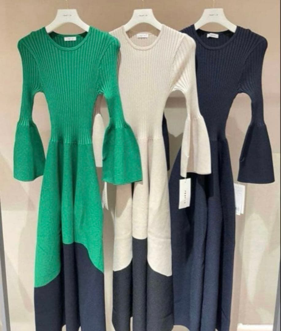 極美品フレイアイディFRAY.I.Dホールロングワンピースニットグリーンネイビー