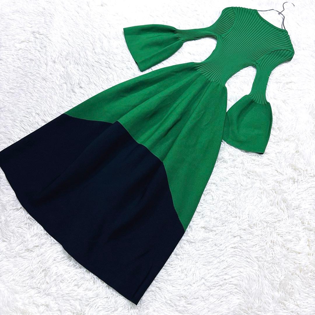 極美品フレイアイディFRAY.I.Dホールロングワンピースニットグリーンネイビー