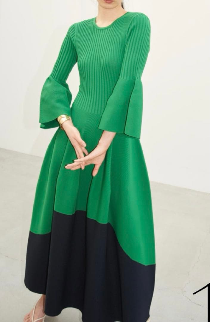 極美品フレイアイディFRAY.I.Dホールロングワンピースニットグリーンネイビー