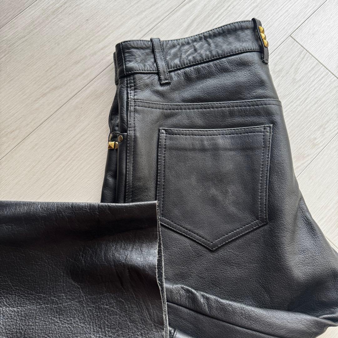 【水牛革】STRAIGHT レザーパンツ　バイクパンツ　黒　本革　パンク