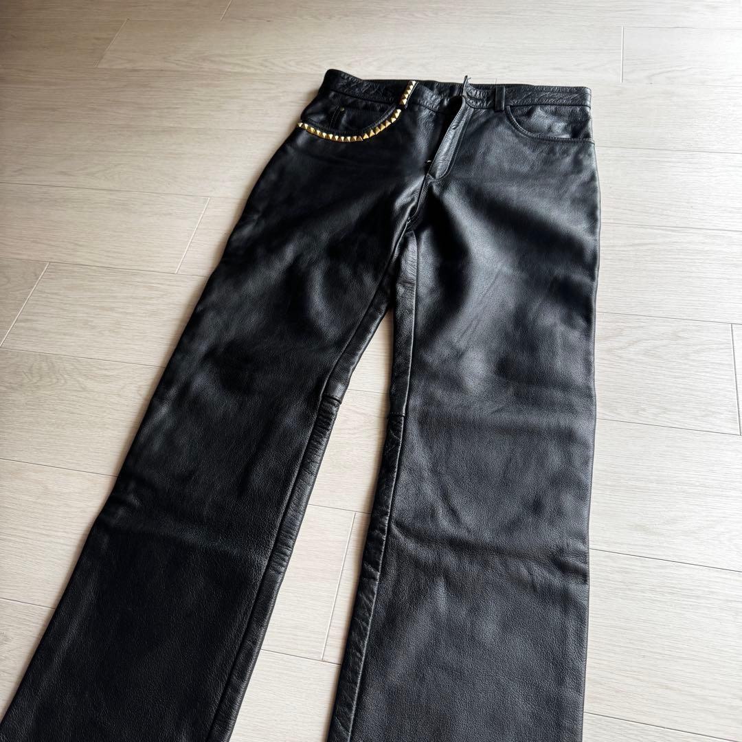【水牛革】STRAIGHT レザーパンツ　バイクパンツ　黒　本革　パンク