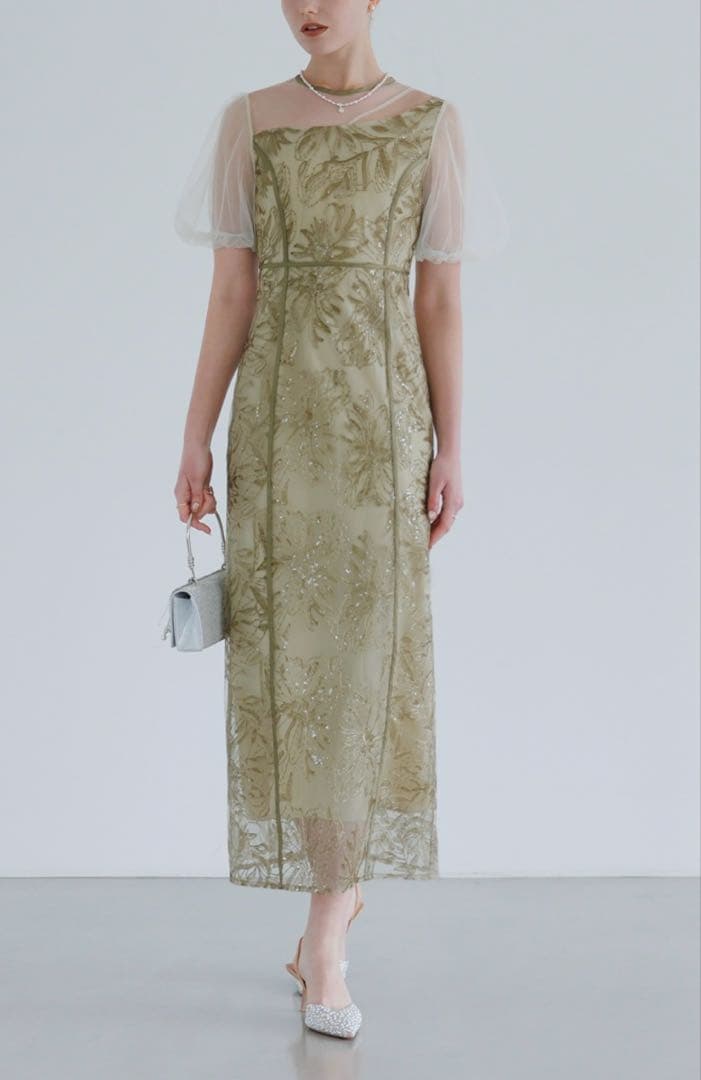 【LEJA】アシンメトリーシアーフラワードレスワンピース