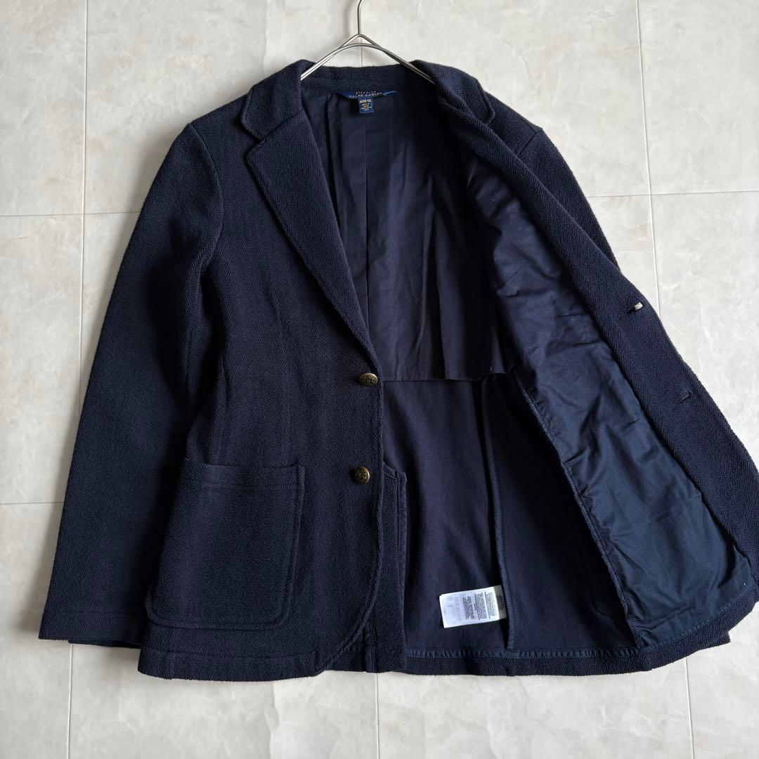 ポロラルフローレン エンブレム刺繍 紺ブレ 金ボタン ヘリンボーン S相当 細身