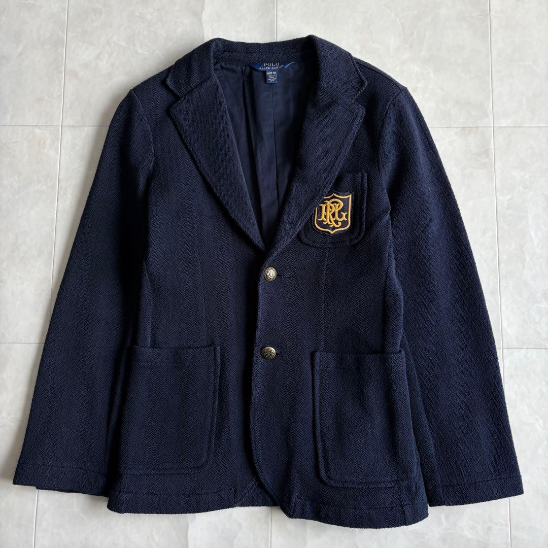 ポロラルフローレン エンブレム刺繍 紺ブレ 金ボタン ヘリンボーン S相当 細身