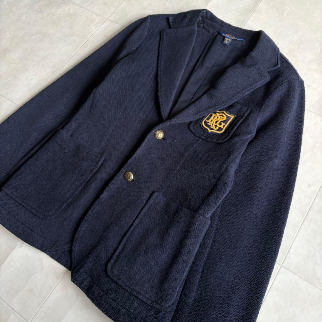 ポロラルフローレン エンブレム刺繍 紺ブレ 金ボタン ヘリンボーン S相当 細身