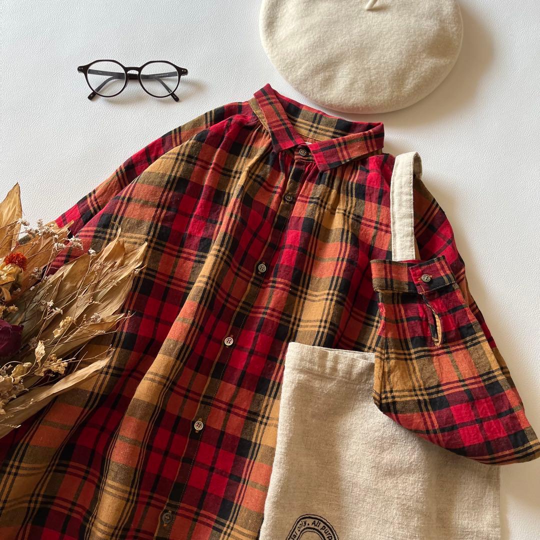 b1232＊ イチアンティークス リネンタータンチェックシャツ