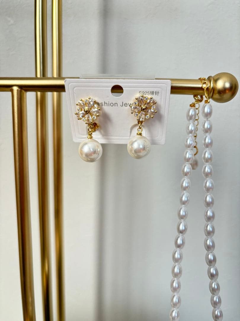 【着用1回だけ】お呼ばれドレスM・イヤリング・バック・ネックレスの小物付セット