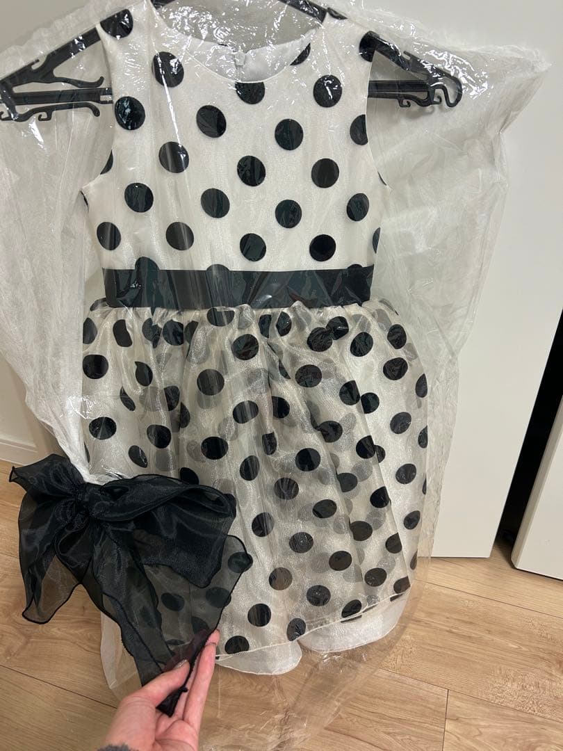 ドレスコ　ドットドレス　ゴールドブラックフロッキードットドレス　125 7号