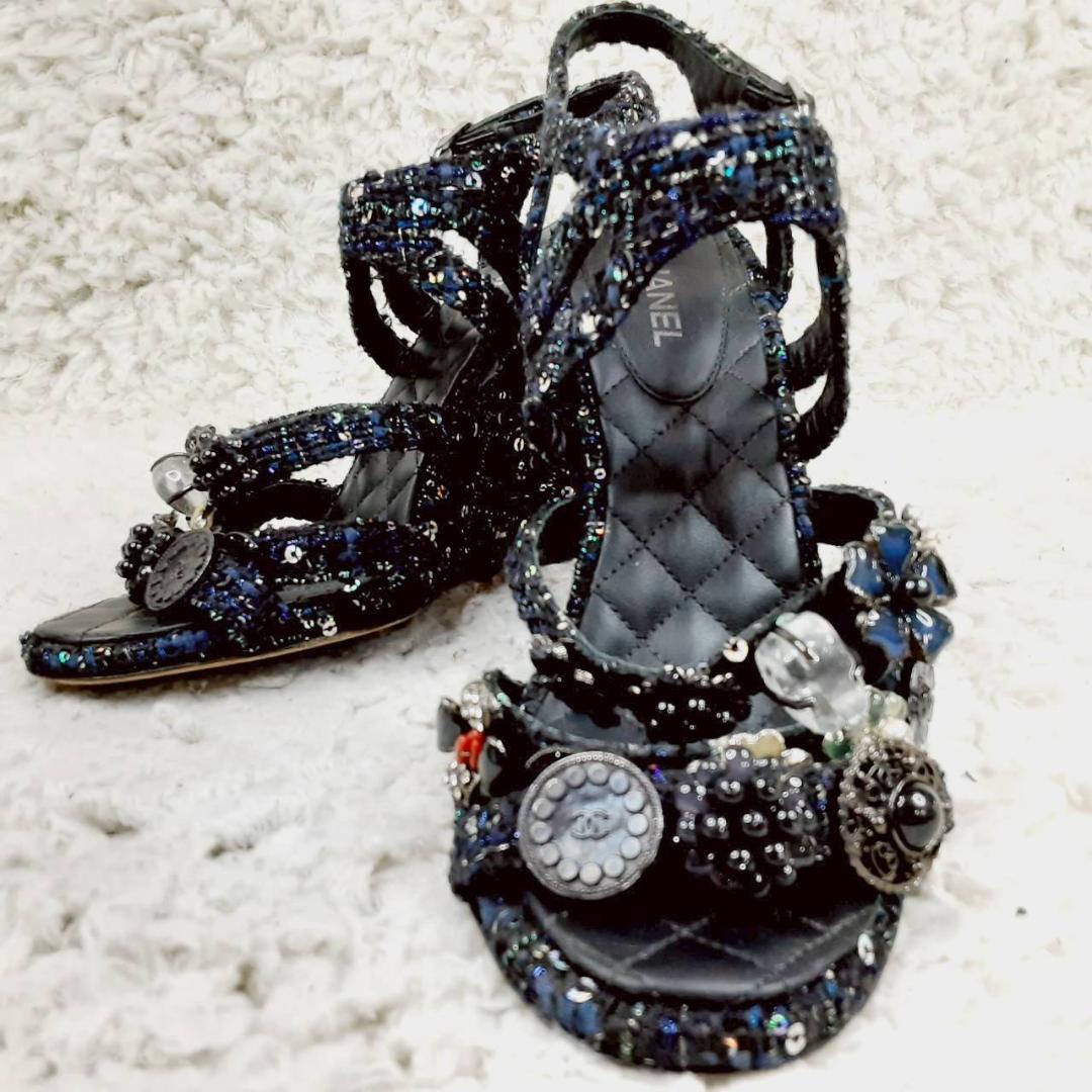 美品 24㎝◎CHANEL シャネル グリポア ツイードサンダル ブラック 黒