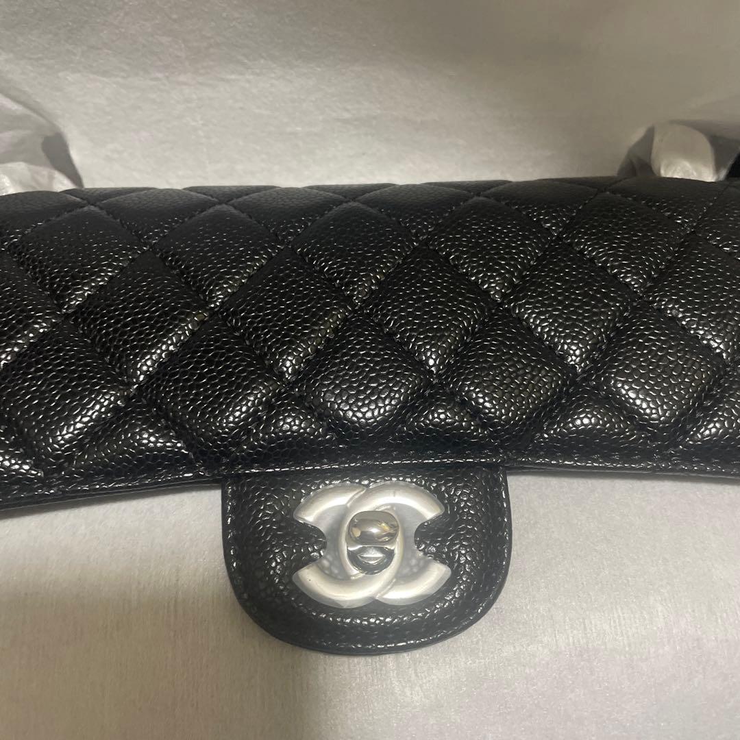 CHANEL ダブルチェーン　フラップバッグ　キャビアスキンシルバー