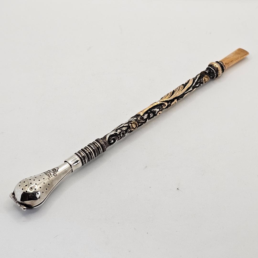 極上】アルゼンチン ボンビージャ 銀製 18K マテ茶ストロー 金装飾