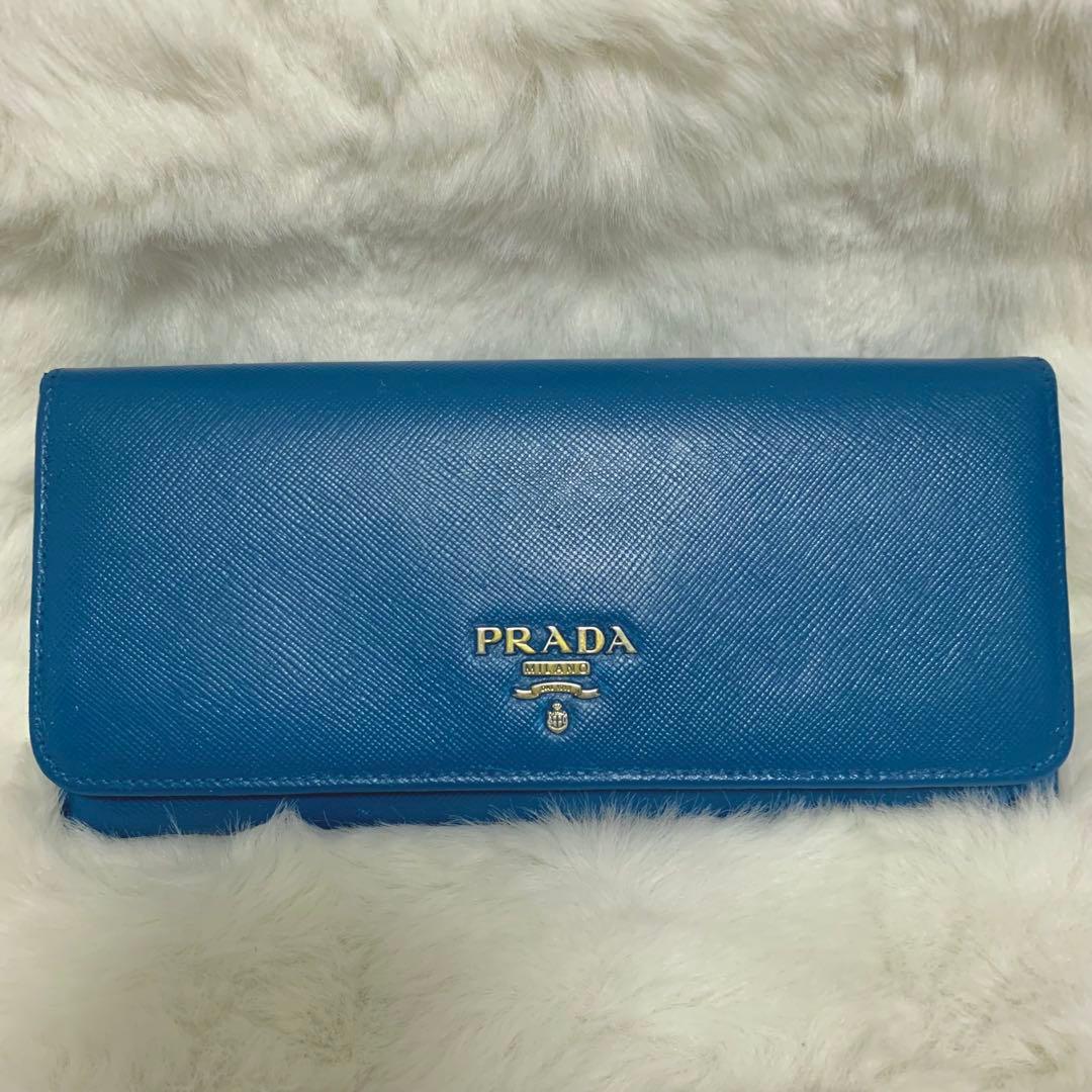 美品！PRADA サフィアーノ　メタルロゴ　ブルー系　レディース　長財布