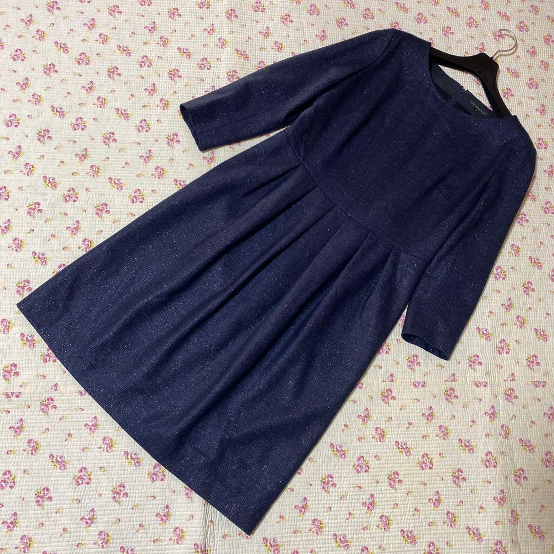23区 濃紺 ネイビー ラメ入り 七分袖 38 ワンピース 春秋 DMW