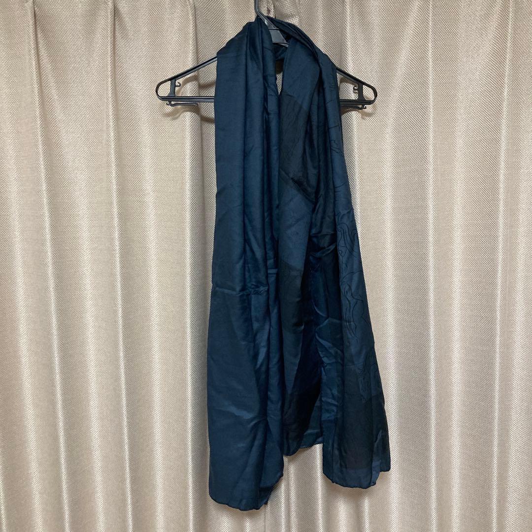 HERMÈS エルメス　ダークブルー シルク大判ストール　馬柄 197×96cm