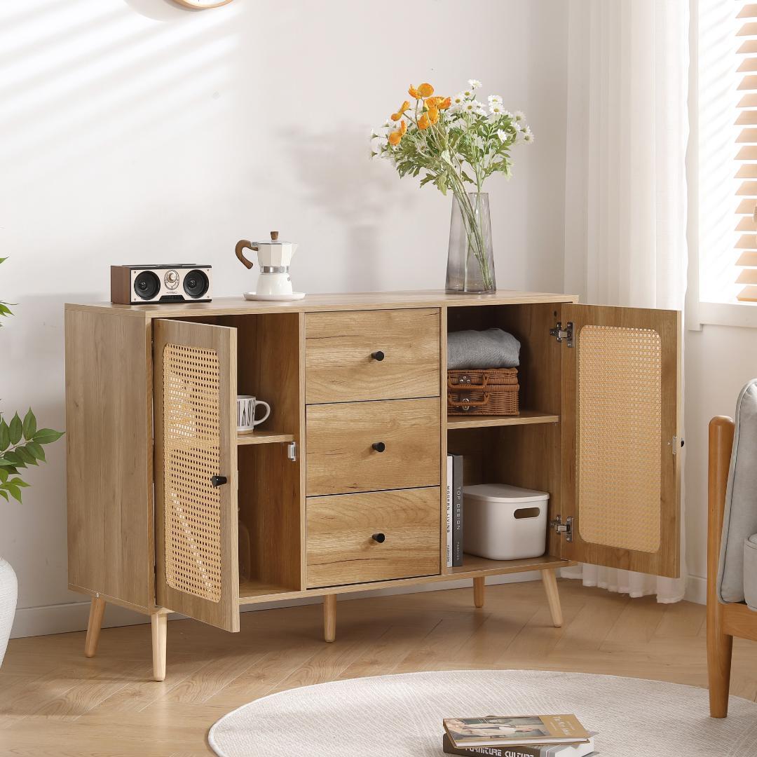 キャビネット サイドボード チェストラタン調 ラタン風 引き出し付き 大容量