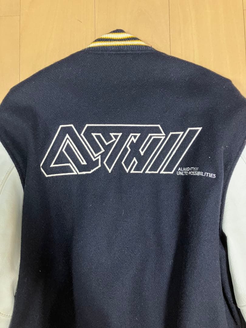 スタジャン ネイビー/ホワイト レザー袖