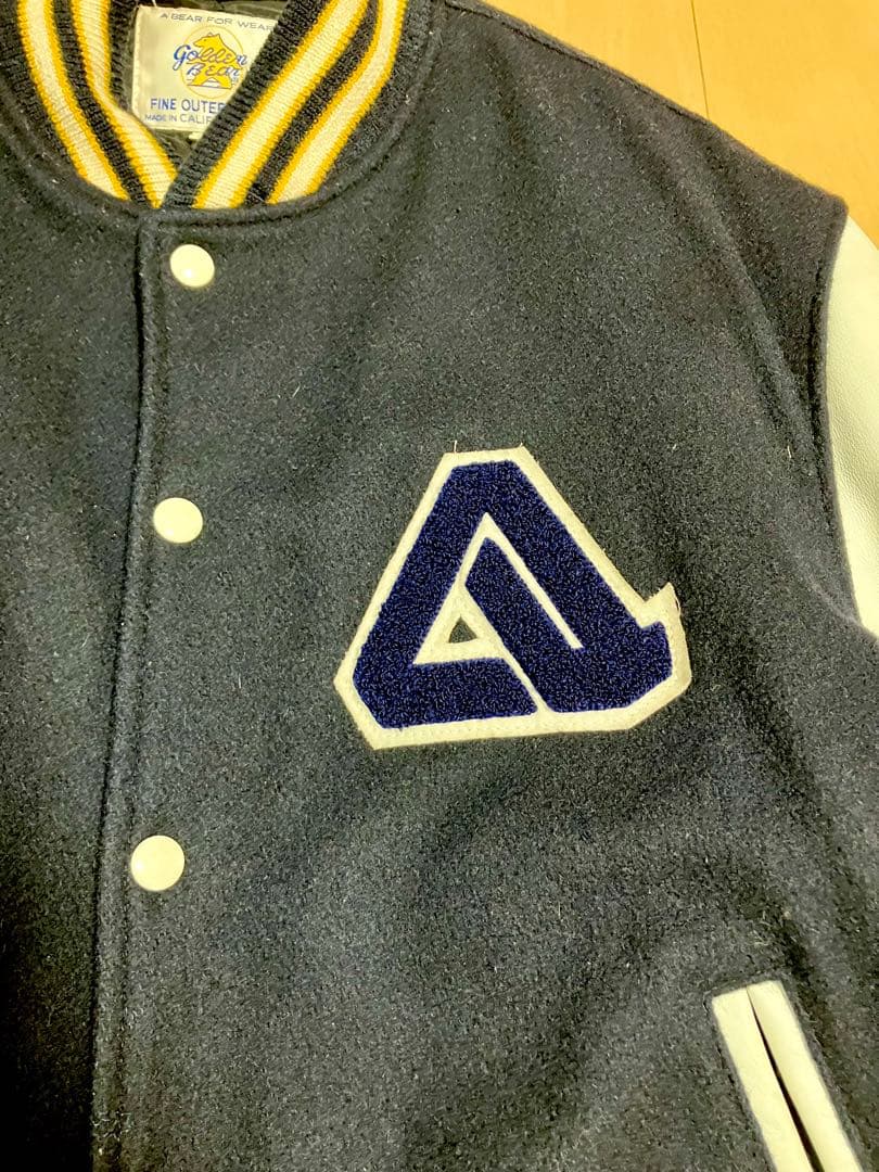 スタジャン ネイビー/ホワイト レザー袖