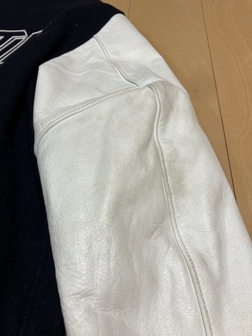 スタジャン ネイビー/ホワイト レザー袖