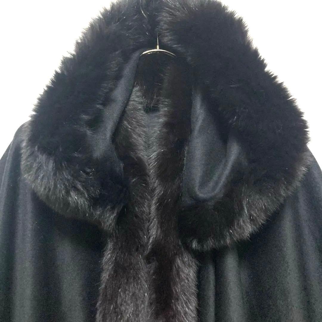 美品☆カシミヤフード付きマント ファー付きケープコート　ポンチョ エレガント
