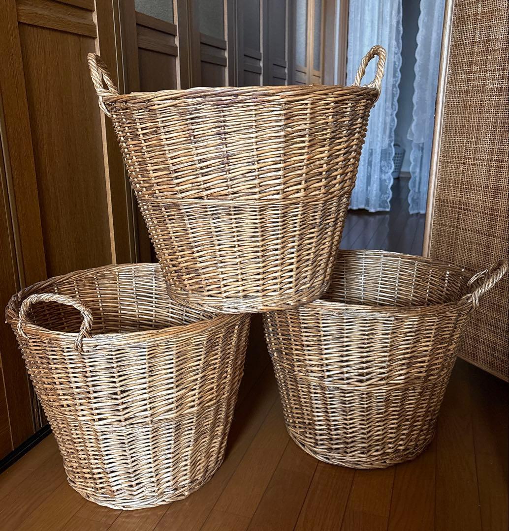 ラタン　籐カゴ　ランドリーボックス　大サイズ×3 アラログ　持ち手　バスケット