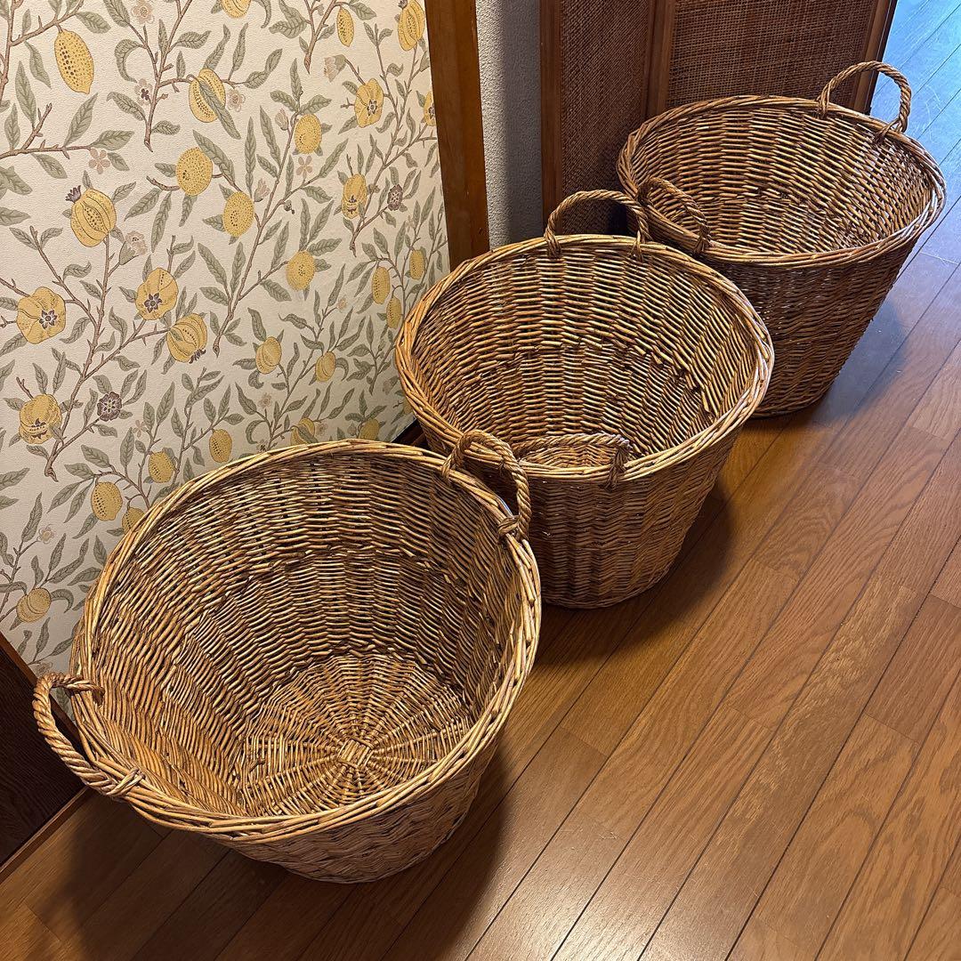 ラタン　籐カゴ　ランドリーボックス　大サイズ×3 アラログ　持ち手　バスケット