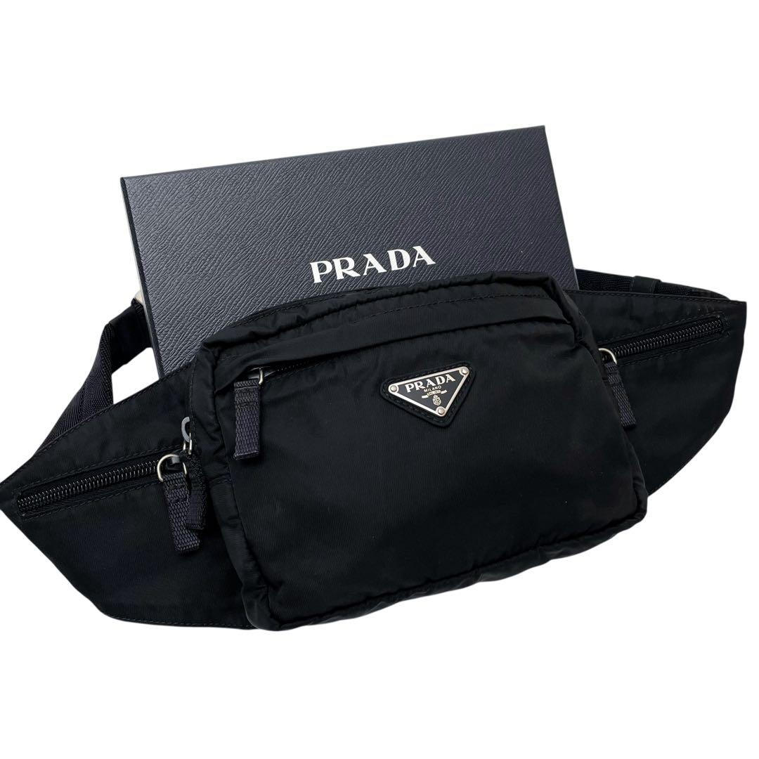 良品 プラダ ナイロン ウエスト ボディ バッグ 三角プレートロゴ ブラック