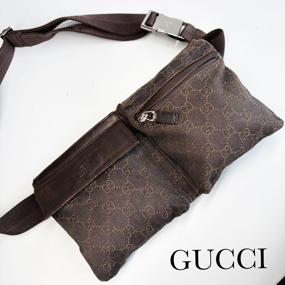 美品✨グッチ ボディバッグ ウェストポーチ ショルダー GG キャンバス レザー