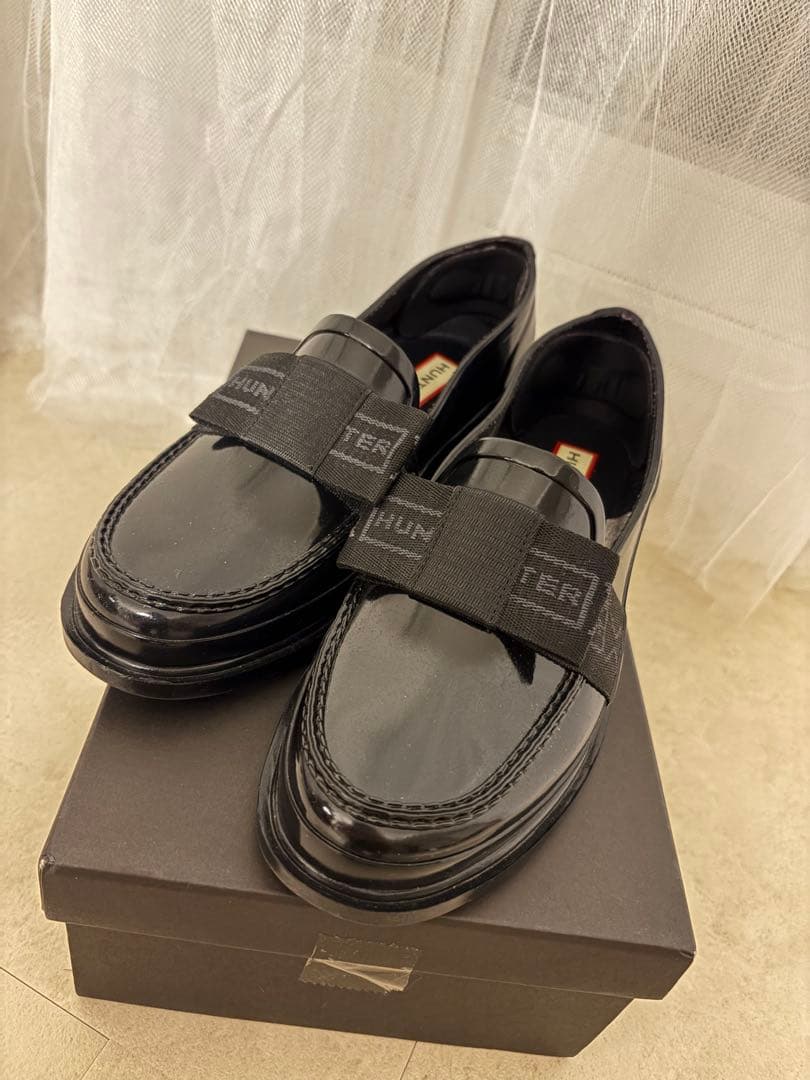 ハンター　リボンペニーローファーレインシューズ 23.5~24cm　ブラック 黒