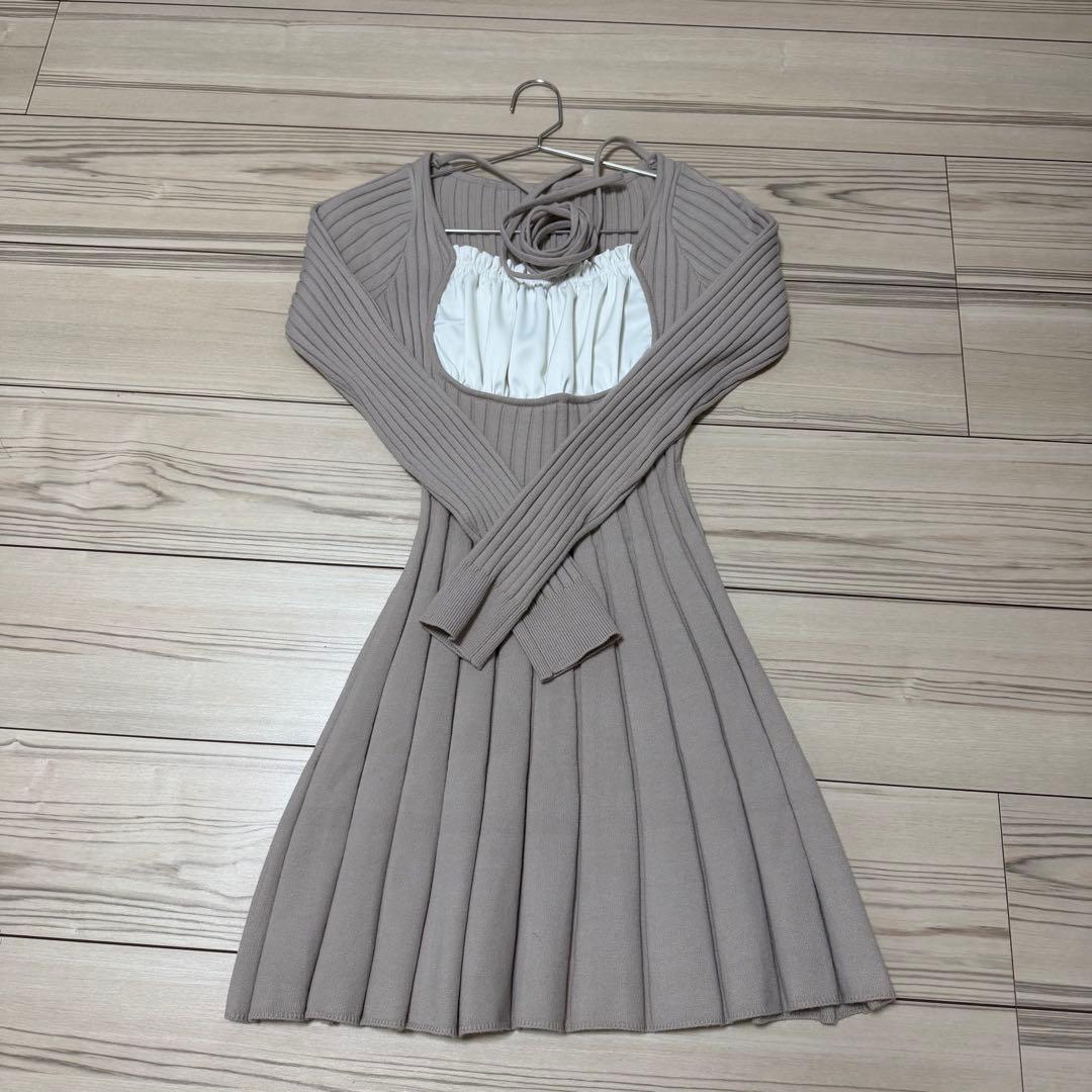 Darich ダーリッチ　ネックリボンデザインフレアニットミニワンピース