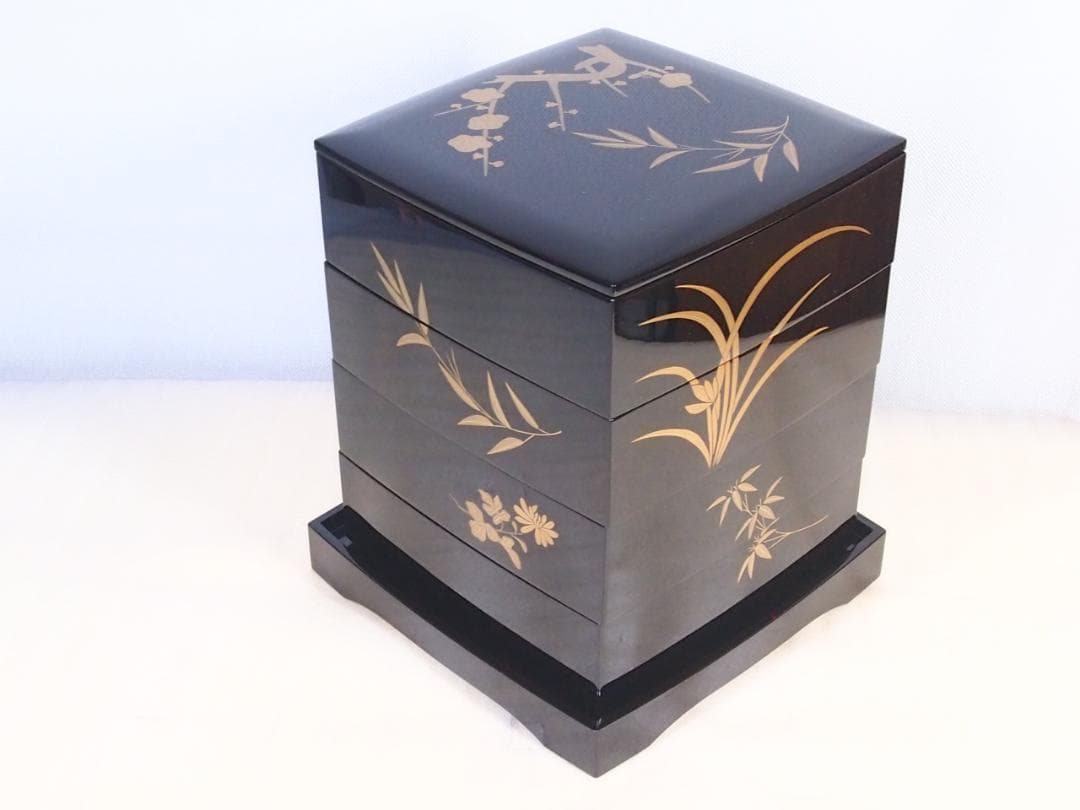 【美品】輪島塗 大向高洲堂 五聖蒔絵 四段重箱 台付き お重/弁当箱 漆器/食器