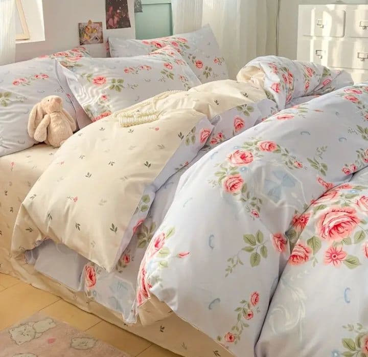 新品★薔薇リースとリボン綿100%シングル掛け布団カバー枕カバー２枚シーツの4点
