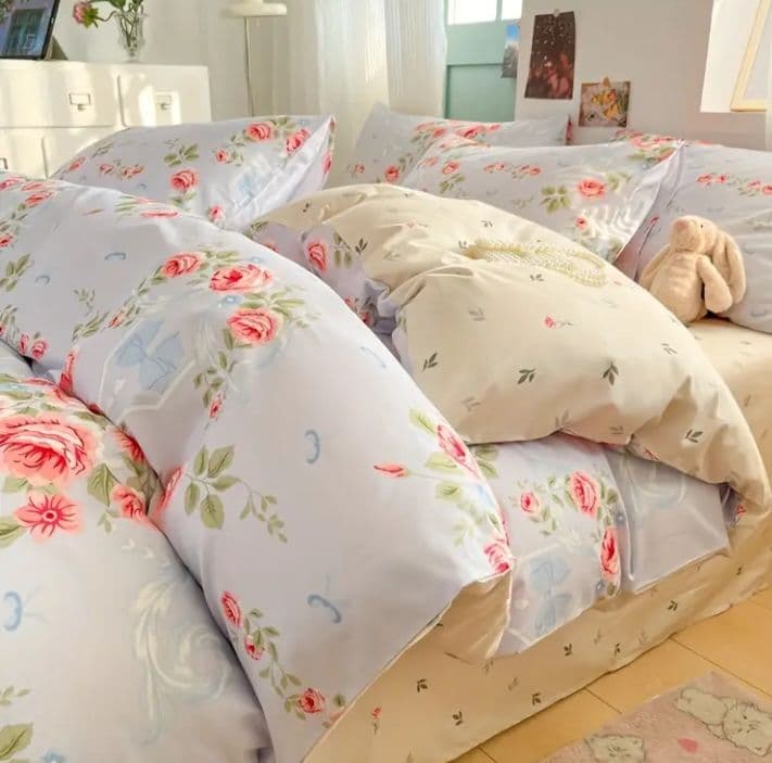 新品★薔薇リースとリボン綿100%シングル掛け布団カバー枕カバー２枚シーツの4点