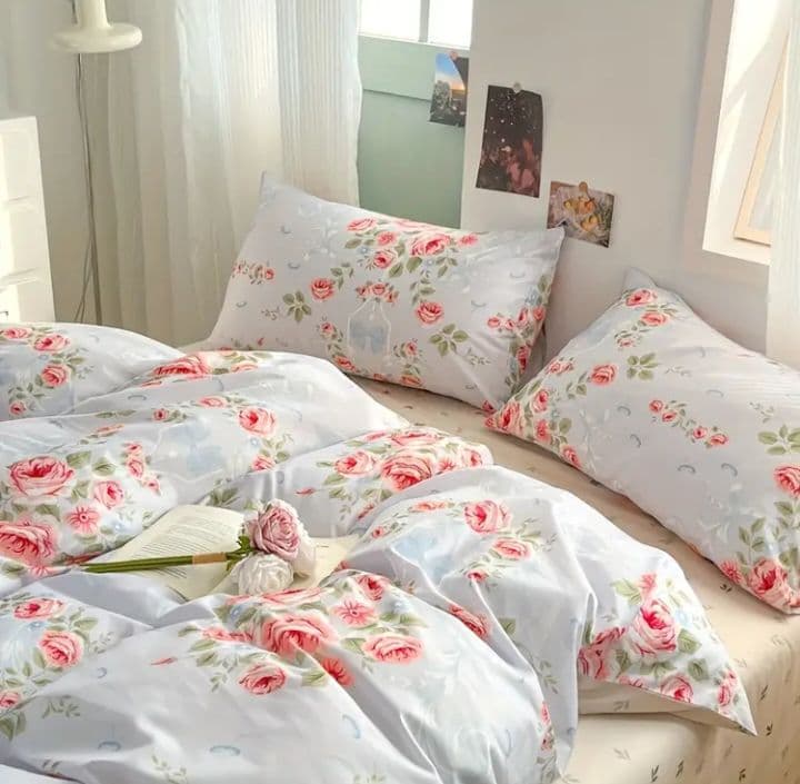 新品★薔薇リースとリボン綿100%シングル掛け布団カバー枕カバー２枚シーツの4点