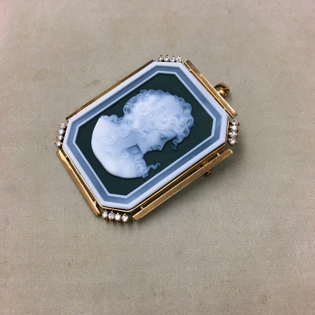 K18 カメオ　ダイヤ　ペンダントトップ ブローチ