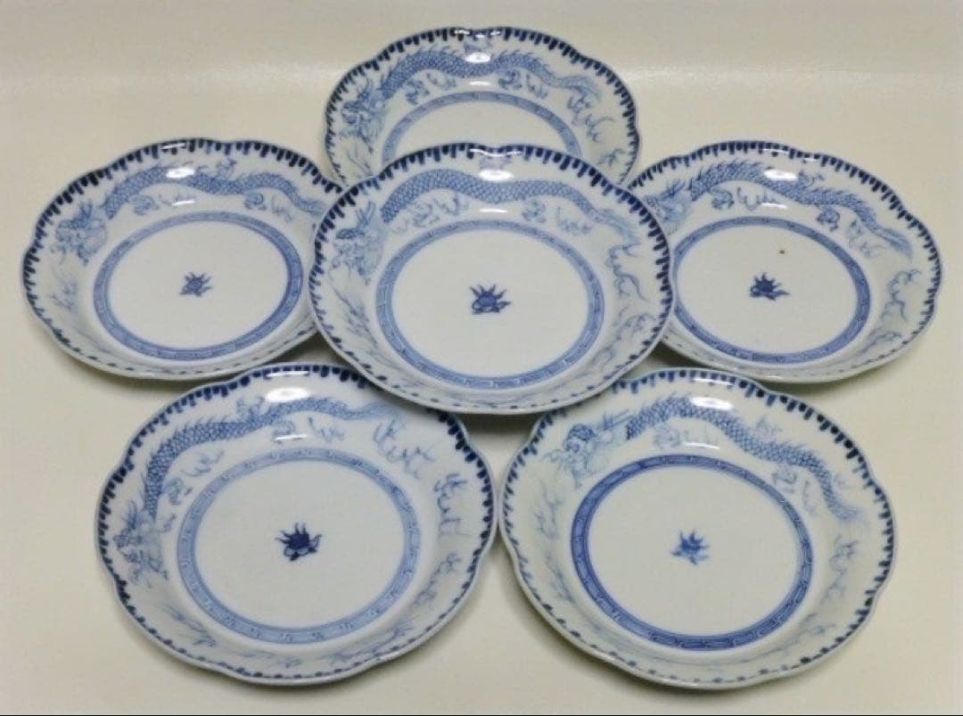 ★明治時代！伊万里 染付 皿 6枚！飛行龍に宝珠紋！★
