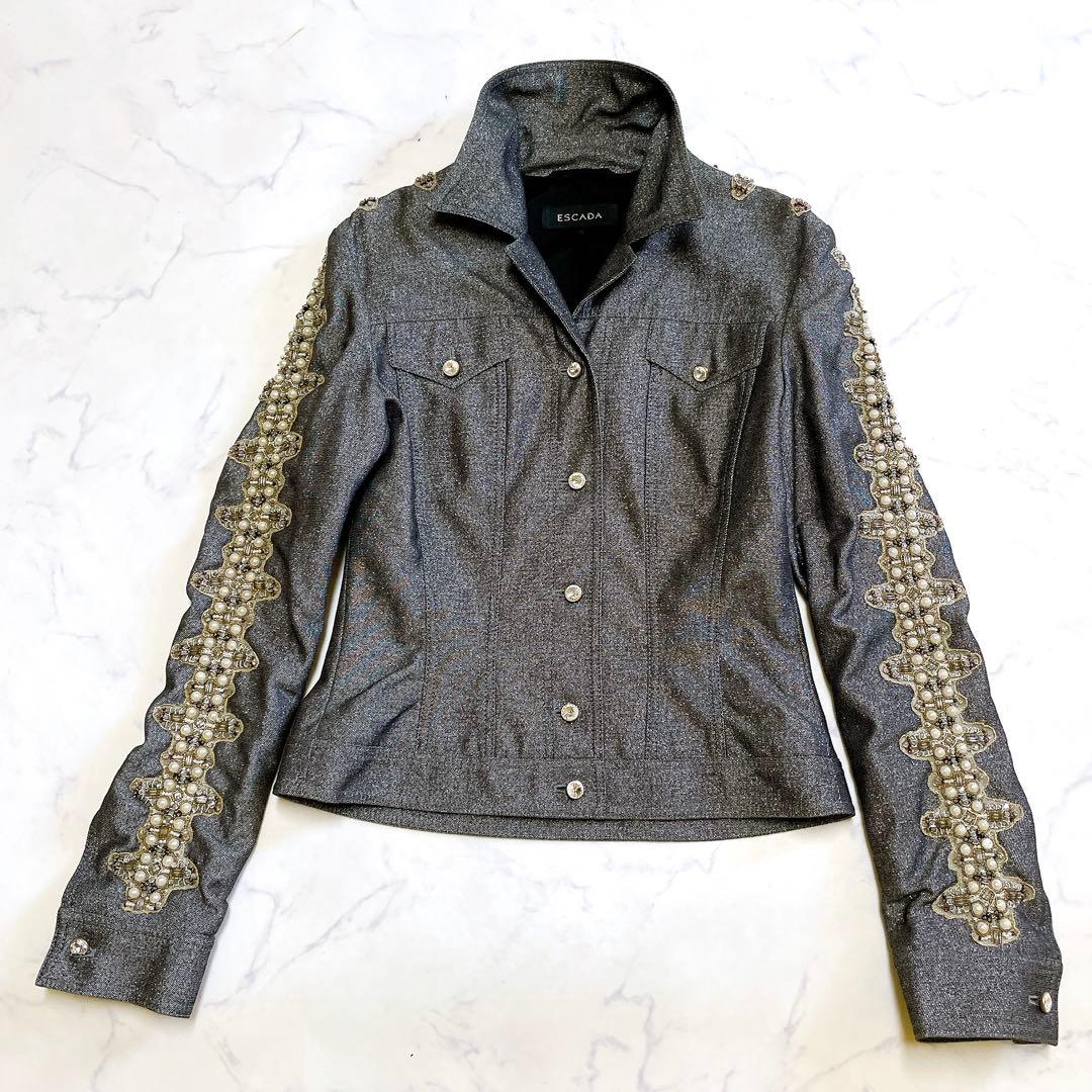 美品 華やか ESCADA ジャケット 羽織り パール ラメ 伸縮 S ドイツ製