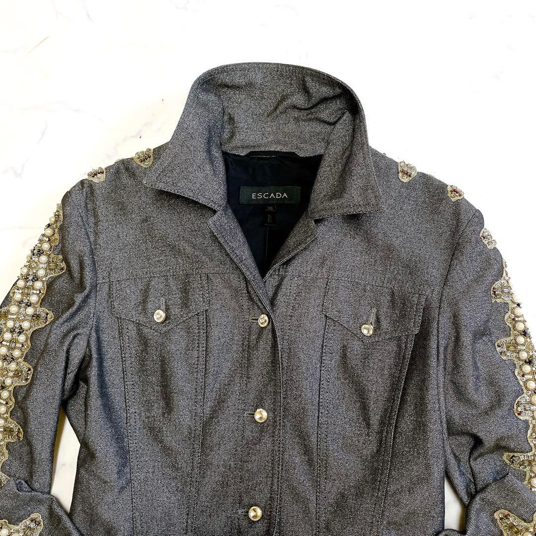 美品 華やか ESCADA ジャケット 羽織り パール ラメ 伸縮 S ドイツ製