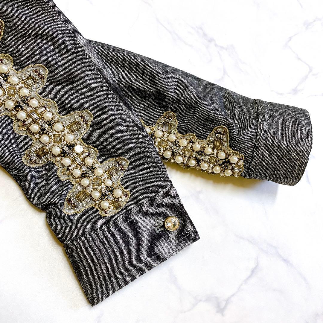 美品 華やか ESCADA ジャケット 羽織り パール ラメ 伸縮 S ドイツ製